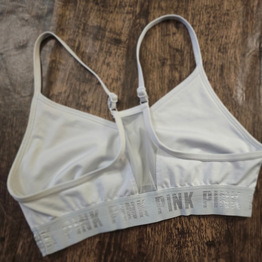 PINK Sports Bra Womens S White Excellent Silver Metallic Logo Mesh Racerback - Picture 2 of 3